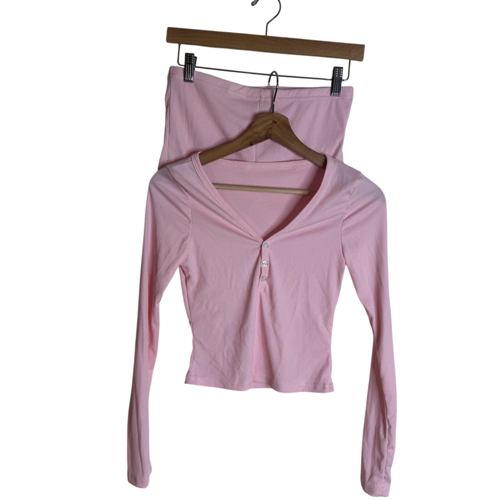 Ribbed Knit Lounge Set Womens Medium Pink Crop Top Shorts Button Stretch Casual
